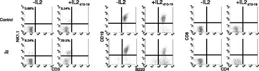 Figure 2. Jagged2 induces the development of NK cells from Lin- Sca-1+ c-Kit+ HSCs. Lin- Sca-1+ c-Kit+ HSCs were cocultured with OP-9S/LXSN (negative control) or OP-9S/LMJSN (“J2”) in the presence of IL-7 and Flt3L for 19 days without or with IL-2 on days 10 to 19 and analyzed for the expression of NK1.1 versus CD3, CD19 versus B220, and CD8 versus CD4. The percent of CD3-NK1.1+ cells (left upper quadrant) is indicated.