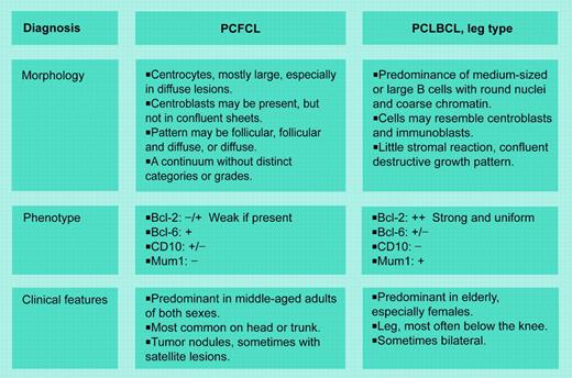 WHO/EORTC schema for primary cutaneous follicle center lymphoma (PCFCL) and PCLBCL, leg type. Adapted from Willemze et al. 6