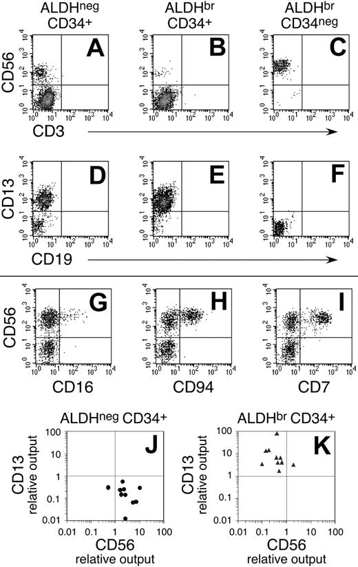 Figure 4. Cell development in short-term culture assays. ALDHneg CD34+, ALDHbr CD34+, and ALDHbr CD34neg cells were purified from linneg SSClo UCB, as depicted in Figure 1. Two hundred to 1000 purified cells were cultured on STO fibroblasts in the presence of IL-3, IL-7, and IL-15 (n = 10). Cultures initiated with ALDHneg CD34+ cells contained higher percentages of CD56+ lymphoid progeny than did the ALDHbr CD34+ cells (compare panels A and B; see Table 4). Similarly, the ALDHneg CD34+ cell fraction yielded lower percentages of CD13+ myeloid progeny (compare panels D and E). Only 2 cultures initiated with ALDHbr CD34neg cells had growth significant enough to evaluate lineage development, and these gave rise to CD56+ progeny (C,F). The CD56+ progeny of ALDHneg CD34+ (G-I) and ALDHbr CD34+ cells (data not shown) expressed other antigens consistent with NK cells. (J) Relative output of lymphoid cells was higher in cultures initiated with ALDHneg CD34+ cells when compared with paired cultures initiated with ALDHbr CD34+ cells. (K) Conversely, the relative cell output of myeloid cells was higher in cultures initiated with ALDHbr CD34+ cells when compared with paired cultures initiated with ALDHneg CD34+ cells. Estimations for relative cell output are described in “Materials and methods.” (J-K) Each data point represents an average from duplicate cultures.