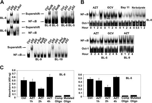 Figure 1. AZT, but not GCV, inhibits the binding of nuclear proteins to oligonucleotides containing NF-κB sites. (A) Purified nuclear extracts (10 μg) prepared from EBV+ BL cell lines (BL-8, BL-5) and EBV- BL cell lines (BL-9, BL-10) were preincubated with the indicated antibodies to the NF-κB components before the addition of radiolabeled probes. The composition of the NF-κB complex in EBV+ and EBV- BL cells was characterized by supershift analysis. Supershift indicates the binding of antibody and protein-DNA complex. (B) Nuclear extracts prepared from AZT (10 μg/mL), GCV (10 μg/mL), Bay 11-7082 (2.5 μM), or sodium butyrate (2.5 mM) treated cells (BL-5, BL-8, BL-9) for the indicated times were assayed by EMSA using either NF-κB (top blot) or Oct-1 (bottom blot) specific consensus oligonucleotides as probes. The results are representative of 3 independent experiments. Oct-1 was used as a loading control for nuclear proteins. (C) BL-5 and BL-8 cells were treated with AZT (10 μg/mL) for the indicated times and p50 was detected in nuclear extracts by ELISA. Specificity of binding was confirmed by using both wild-type and mutated NF-κB oligonucleotides. Experiments were performed in triplicate. Results are shown as the mean ± standard deviation.