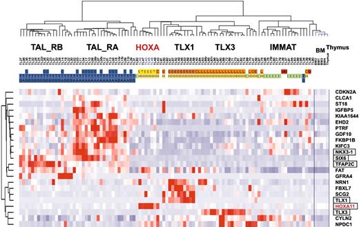 Figure 6. Unsupervised clustering of T-ALL samples based on `ectopic' genes. The 469 probe sets differentially expressed between oncogenic groups (Figure 4A) were filtered for ectopic expression with reference to expression in normal thymic subpopulations and bone marrow, resulting in a working list of 23 ectopically expressed genes. Genes known to be involved in development are boxed. The main T-ALL oncogenic subgroups and annotations are indicated as in other figures.