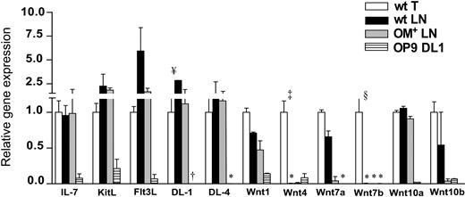 Figure 4. LN stroma lacks Wnt4 and Wnt7b transcripts. The mRNA expression profile of selected genes in the stroma of wt thymus and LNs, OM+ LNs, and OP9-DL1 cells. The mRNA values were normalized according to Hprt and thymic stroma mRNA levels were set as 1. Data are mean ± SD from 3 or 4 independent experiments (*no detectable mRNA after 50 amplification cycles). Differences between groups were evaluated with Student t test. Levels of statistical significance for comparison of wt thymus versus wt LNs are ¥P < .04, §P < .005, and ‡P <.001. †Levels of DL1 transcripts for OP9-DL1 cells (715 ± 55) are not shown on the graph.