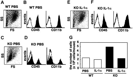 Figure 5. Effects of IL-1α on the cells recovered from the pouch. An antigenic challenge was performed and recombinant murine IL-1α (5 μg/mouse) or PBS was injected into the air pouch of MGL1-deficient or wild-type mice on day 0. The cells in the pouch fluid were collected from wild-type mice that were treated with PBS (A-B) and MGL1-deficient mice treated with PBS (C-D) or with IL-1α (E-F) on day 3. To examine the effect of IL-1α, the expression of CD11b or CD45 on these cells was analyzed by flow cytometry (B,D,F). Flow cytometric scatter profiles of these cells are also shown (A,C,E). Open histograms in panels B, D, and F represent the staining with control mAb. The number of cells recovered from the pouch was counted and plotted in panel G. The number of cells in the pouch fluid obtained from MGL1-deficient mice was greater than that from wild-type mice or that from MGL1-deficient mice injected with IL-1α. Injection of IL-1α also reduced the number of CD11b-negative/CD45-negative subpopulations in the air pouch of MGL1-deficient mice to a level similar to that of wild-type mice. Similar data were obtained on day 4.