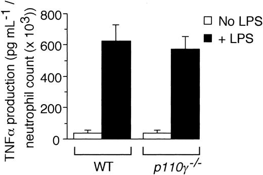 Figure 2. Contribution of p110γ to TNFα production. LPS-induced generation of TNFα in whole blood harvested from either 3 p110γ–/– or WT-matched controls. Mean values (± SE) for experiments performed in triplicate.