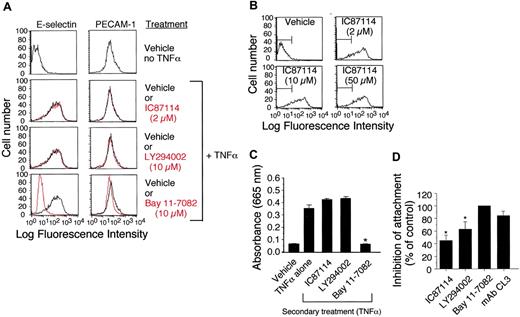 Figure 6. Role of class-I PI3Ks in E-selectin expression in vitro. (A) E-selectin and PECAM-1 surface expression on HUVECs (± 5 μM TNFα) pretreated (1 hour) with the p110δ-specific inhibitor IC87114 (2 μM), the pan–class-I PI3K inhibitor LY294002 (10 μM), or the NF-κB function blocker Bay 11-7082 (10 μM). Adhesion molecule expression on nonstimulated cells is shown for comparison (top panels). Black lines represent vehicle control or cells treated with the indicated inhibitors (gray). (B) E-selectin expression on TNFα-stimulated HUVECs remains unchanged even at doses of IC87114 known to inhibit p110γ (50 μM). (C) TNFα-mediated NF-κB translocation in nuclear extracts from HUVECs pretreated with vehicle control or IC87114 as quantified by ELISA for the p50 subunit. Data represent the mean plus or minus SD for 1 of 3 experiments with similar results. *P < .01 as compared with cells treated with TNFα alone. (D) Percent reduction in attachment of purified human neutrophils to HUVEC monolayer that was pretreated with the indicated inhibitors prior to stimulation with TNFα (4 hours). Results are expressed as the percentage of cells that bound to the vehicle-treated substrate at a wall shear rate of 200 s–1. Data represent the mean plus or minus SD for 3 experiments performed in duplicate. *P < .05 as compared with vehicle control.