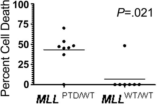 Figure 6. Selective sensitivity of primary MLLPTD/WT AML cells to enhanced cell death with 5′-Aza-CdR and depsipeptide treatment. Primary patient samples with either the MLLPTD/WT or the MLLWT/WT genotype were incubated with media alone or treated singly or with the sequential combination of 5′-Aza-CdR followed by depsipeptide as described in “Materials and methods.” At the end of the incubation period, viable cell number was determined by trypan blue dye exclusion. The data are presented as percentage of cell death in the combination-treated cells relative to the media control cells. The P value was determined with the Mann-Whitney U test. Horizontal bars represent mean values.