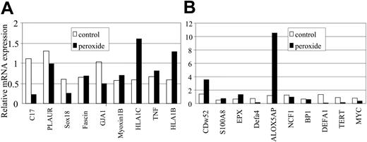 Figure 3. Genes responsive to hydrogen peroxide and arsenic. Nineteen of 26 genes are represented in this figure. Among 9 arsenic up-regulated genes, 2 (CDw52 and ALOX5AP) are also up-regulated by hydrogen peroxide. Among 17 arsenic down-regulated genes, 7 (C17, TERT, MYC, GJA1, SOX18, CCNA1, and STAB1) are also down-regulated by hydrogen peroxide (only 5 were presented in this figure); see Figure 4. Values are averages of triplicates. Independent experiments were performed at least twice with similar results.