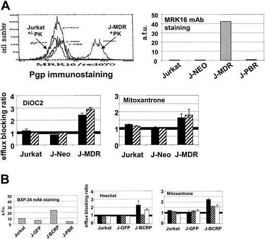 Figure 5. pBR expression is not necessary for efflux inhibition by PK11195 in MDR cells. (A) pBR-deficient Jurkat-cell derivatives were produced that overexpress Pgp (J-MDR) as demonstrated with MRK16 anti-Pgp antibody staining. Representative flow cytometry data are shown as histograms, and summary data from at least 3 assays are shown as mean arbitrary fluorescence units (a.f.u.). Both CSA (▨) and PK11195 (▪) blocked DiOC23 and MIT efflux in J-MDR cells but not in parental Jurkat cells or control J-Neo cells, demonstrating specific efflux capacity in J-MDR cells and demonstrating PK11195's ability to block Pgp-mediated efflux in pBR-deficient cells. (B) Derivative Jurkat cells that overexpress BCRP (J-BCRP) were produced and characterized with BXP-34 anti-BCRP antibody staining. CSA (▨) and Ko143 (KO-143) (□) both increased MIT dye retention in J-BCRP cells, and PK11195 (▪) significantly blocked both MIT and Hoechst efflux in J-BCRP cells. Neither Hoechst 33342 nor MIT efflux was measured in control transporter-deficient cells, demonstrating specific efflux capacity in J-BCRP cells and demonstrating PK11195's ability to block BCRP-mediated efflux in pBR-deficient cells. Efflux data from at least 3 assays are presented, as described for Figure 1.
