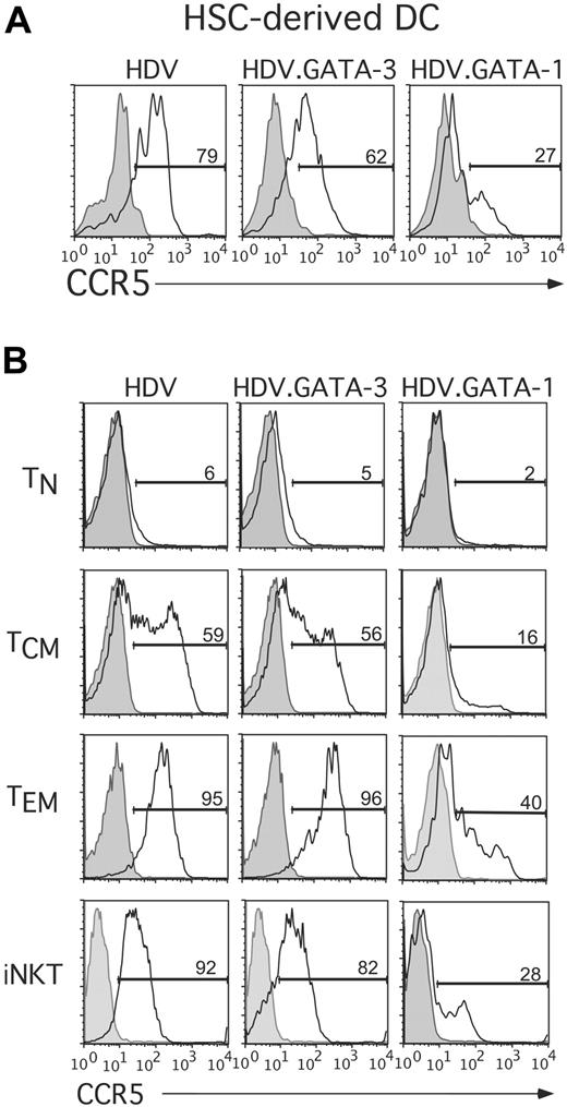 Figure 2. Ectopic expression of GATA-1 potently reduces cell-surface expression of CCR5 in primary human cell targets of HIV-1. (A) Primary human HSC-derived DCs were transduced with HDV, HDV.GATA-1, or HDV.GATA-3 and cultured for an additional 4 days. CCR5 expression levels on HSC-derived DCs were determined via flow cytometric analyses by costaining cells with anti-CCR5, anti-CD1c (Miltenyi Biotech) to monitor DC differentiation and anti-mCD24 to resolve DCs expressing the lentiviral transgene. (B) Primary human conventional T-cell subsets (top 3 panels) or NKT cells (bottom) were TCR activated and transduced to express GATA-1, GATA-3, or the control HDV (see “Materials and methods”). Cells were expanded in the presence of IL-2, and cell-surface CCR5 expression was determined on unsorted populations of transduced cells and costained with anti-mCD24 antibodies. Additionally, NKT cells were costained with a fluorescein isothiocyanate (FITC)–conjugated anti–human Vβ11 antibody (Coulter), to exclude any contaminating non-NKT cells. These results are representative of at least 3 experiments performed on each cell type from unique adult or umbilical cord blood preparations.