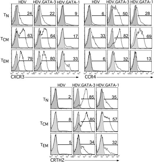 Figure 6. Expression of GATA-1 in human TN,TCM, and TEM cell subsets induces expression of Th2-associated chemokine receptors. Human TN, TCM, and TEM cells were purified, activated, and transduced with HDV alone, HDV.GATA-1, or HDV.GATA-3 as described in caption for Figure 5. Following expansion, unsorted cells were stained for chemotactic receptors as indicated or an isotype control in conjunction with an anti-mCD24 antibody to gate on transduced populations. The percentage of cells positive for the appropriate chemokine receptor is shown, with the gray, tinted peak representing isotype control staining. Results are representative of 3 experiments using T-cell subsets from distinct adult donors.