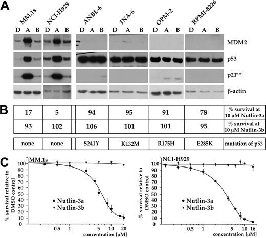 Figure 1. Sensitivity to p53 activation in MM cell lines. (A) Western analysis for p53, MDM2, and p21WAF1 in MM cell lines after overnight incubation with 10 μM nutlin-3a (A), 10 μM nutlin-3b (B), or DMSO (D). Nutlin-3a selectively augmented the p53 level in MM.1s and NCI-H929, whereas the other lines displayed high and unmodifiable levels of p53. Induction of downstream targets was strictly correlated with induction of p53. These data show that only 2 of the 6 cell lines tested retain functional p53 signaling. (B) Nutlin-3a–induced cell death is restricted to MM cells with wild-type p53. Cells were exposed for 4 days to 10 μM nutlin-3a, nutlin-3b, or DMSO and apoptosis measured. Numbers show the means of 3 independent tests and represent the percentage of live cells relative to the DMSO control. The mutation status of p53 was inferred from sequencing at gDNA and cDNA levels and confirmed that induction of p53 pathway components was strictly correlated with the presence of wild-type p53. (C) Dose-response curves for nutlin-3a–induced cell death in MM.1s and NCI-H929 as assessed by annexin-FITC/PI staining after 4 days (MM.1s) or 3 days (NCI-H929) of incubation with the drug. EC50 values were 5.2 μM for MM.1s and 3.5 μM for NCI-H929. Nutlin-3b was without effect in this concentration range.