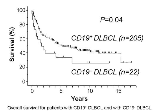Overall survival for patients with CD19+ DLBCL and with CD19− DLBCL.