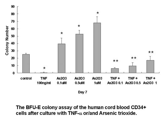 The BFU-E colony assay of the human cord blood CD34+ cells after culture with TNF-α or/and Arsenic trioxide.