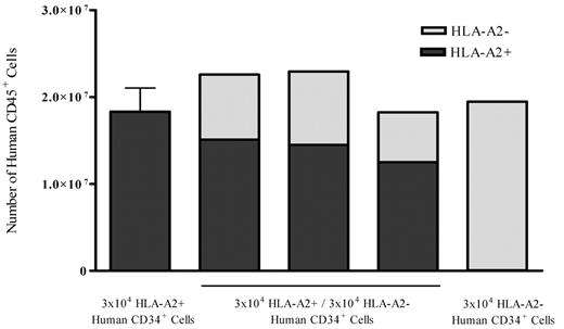 Legend: Engraftment of human CD45+ cells at 6 weeks. All bars represent single mice except for the HLA-A2+ group, which is the average (±SEM) of 3 mice.