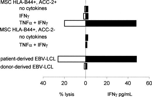 Figure 2. Reactivity of the ACC-2–specific CTL clone against nonhematopoietic cells. Cytolytic activity or IFN-γ production by CTL clone 65 against MSCs treated with or without TNF-α and/or IFN-γ for 48 hours prior to labeling with 51Cr. MSCs were derived from an unrelated HLA-A2-HLA-B44+ACC-2+ individual or an HLA-A2-HLA-B44+ACC-2- individual. Cytotoxicity was measured at an E/T ratio of 10:1. IFN-γ production was measured by determining the concentration of IFN-γ in the supernatant after 24 hours of coculture.