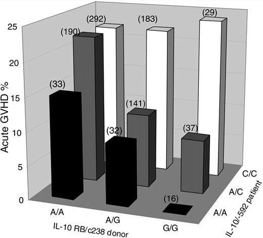 Figure 1. Cumulative incidence of grades III-IV acute GVHD at day 100 following transplantation according to the IL-10/-592 genotype of the recipient and IL10RB/c238 genotype of the donor (n = 953). The number of patients in each group is indicated in parentheses.