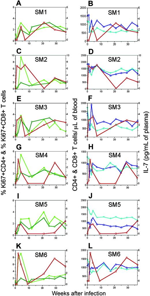 Figure 3. Elevated IL-7 levels are followed by increased T-cell proliferation and maintenance of stable T-cell numbers in SIVsm-infected mangabeys. Longitudinal assessment of the percentage of proliferating (Ki67+) CD4+ (dark green, ○) and CD8+ T cells (light green, •) in peripheral blood (panels A, C, E, G, I, and K) and plasma IL-7 levels (red, □) are plotted for each individual mangabey (SM1, SM2, SM3, SM4, SM5, and SM6) separately. Absolute numbers of CD4+ (turquoise, ▾) and CD8+ T cells (blue, ▵) (panels B, D, F, H, J, and L) are given as markers of T-cell homeostasis.