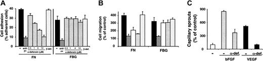 Figure 3. Influence of α-defensins on BREC adhesion, migration, and capillary sprout formation. (A) Adhesion of BRECs to immobilized FN or FBG (each at 5 μg/mL) is shown in the absence (–; filled bars) or presence of the blocking antibody against β1-integrin, 6S6 (for FN), or the blocking antibody against αvβ3-integrin, LM609 (for FBG) (hatched bars; antibody concentration, 20 μg/mL), or in the presence of increasing concentrations of synthetic HNP-1 (gray bars), or in the presence of β-defensin (dotted bars; 10 μM). Cell adhesion is expressed as percentage of adherent cells to total added cells. Adhesion was performed in triplicate, and data are shown as the mean ± SD of a typical experiment; similar results were obtained in at least 3 separate experiments. (B) VEGF-stimulated migration of BRECs toward FN or FBG (each 5 μg/mL) is shown in the absence (filled bars) or presence of the blocking antibody against β1-integrin, 6S6 (for FN), or the blocking antibody against αvβ3-integrin, LM609 (for FBG) (hatched bars; antibody concentration, 20 μg/mL), in the presence of α-defensins (open bars; 5 μM), in the presence of synthetic HNP-1 (gray bars; 5 μM), or in the presence of β-defensin (dotted bars; 10 μM). Cell migration is expressed as percentage of control, which is represented as cell migration in the absence of any stimulus or competitor. Data are mean ± SD (n = 3) of a typical experiment; similar results were obtained in 3 separate experiments. (C) BRECs were incubated for 48 hours in the absence (–; open bar) or presence of bFGF (5 ng/mL; gray bars) or of VEGF (5 ng/mL; filled bars) alone or in the presence of α-defensins (10 μM), as indicated. Capillary-like sprout formation is expressed as percentage of control, defined as sprouts per microcarrier in the absence of any stimulus or competitor. Data are mean ± SD (n = 3) of a typical experiment; similar results were obtained in 3 separate experiments.