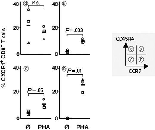 Figure 2. Subset-selective up-regulation of CXCR1 by CD8+ T cells stimulated with PHA. CD8+ T cells were stimulated with PHA (10 μg/mL for 15 minutes) and expression of CXCR1 assessed on maturation subsets as defined by expression of CCR7 and CD45RA. Up-regulation was most prominent on CD8+ T cells with a central memory phenotype (ie, CCR7+ CD45RA–). Each symbol indicates an individual experiment and donor.