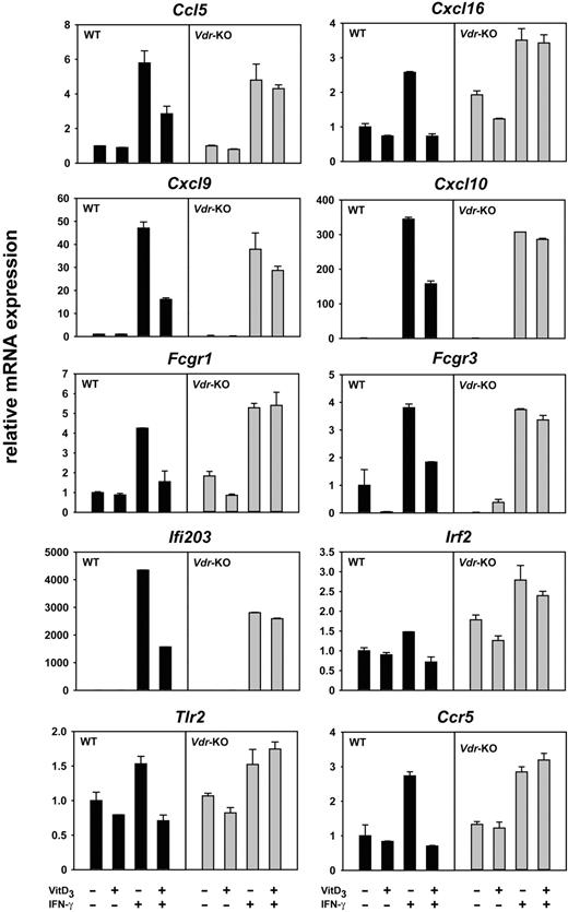 Figure 5. 1α,25(OH)2D3 inhibits the expression of numerous IFN-γ–induced genes. Real-time quantitative PCR analysis of IFN-γ–induced gene expression. BMDMs isolated from WT or Vdr-KO mice were incubated with IFN-γ or 1α,25(OH)2D3 or both. Gene-specific primers were used for amplification and mRNA expression was normalized as described. Analysis was performed in duplicate and data are presented as the mean ± SEM. Differential gene expression was confirmed at least in 2 independent experiments.
