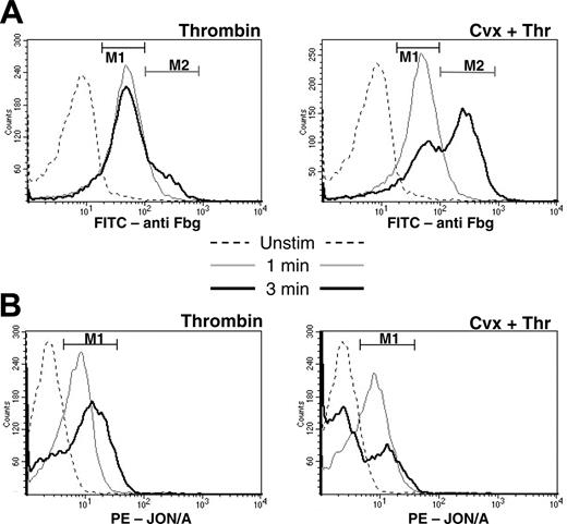 Figure 3. Time course of coated platelet formation. Unstimulated platelets or platelets stimulated with thrombin or thrombin plus convulxin for 1 or 3 minutes were analyzed by flow cytometry with (A) FITC-antifibrinogen or (B) PE-JON/A as described in “Materials and methods.” The absence of agonist is indicated by the dashed line, 1 minute by the thin line, and 3 minutes by the bold line. Regions M1 and M2 correspond to populations of activated and coated platelets, respectively.