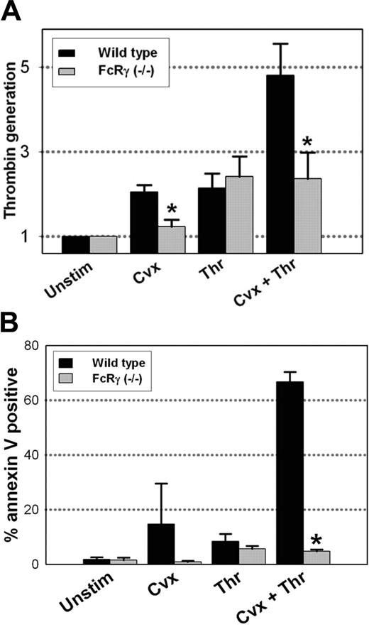 Figure 5. Platelet procoagulant activity in FcRγ-/- platelets. (A) Platelets isolated from wild-type (C57BL/6) (▪) or FcRγ-/- (▦) mice were stimulated with the indicated agonists for 5 minutes, and thrombin generation was measured in a prothrombinase assay as described in “Materials and methods”; n = 5. *P < .05 relative to wild-type platelets. (B) Quantification of the platelet population with high levels of annexin V binding in FcRγ-/- and wild-type platelets following stimulation with the indicated agonist for 5 minutes; n = 3. *P < .01 relative to wild-type platelets.