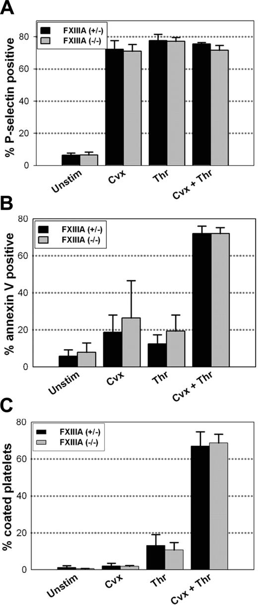 Figure 6. P-selectin exposure, annexin V binding, and coated platelet formation in FXIIIA-/- platelets. Platelets isolated from FXIIIA+/- (n = 5) (▪) or FXIIIA-/- (n = 7) (▦) mice were stimulated with the indicated agonists for 7 minutes. The percentage of platelets with P-selectin surface expression (A) and annexin V binding (B) was measured by flow cytometry. (C) The percentage of coated platelets, defined as high fibrinogen, low PE-JON/A binding, was determined by 2-color flow cytometry.