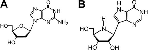 Figure 1. Chemical structures. (A) dGuo and (B) forodesine.