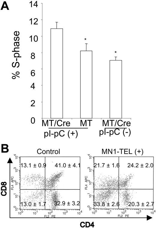 Figure 3. MN1-TEL enhances growth of thymocytes and blocks their differentiation. (A) Increased fraction of S-phase cells in MN1-TEL–positive thymocytes. BrdU was injected in MN1-TEL/Mx1-Cre mice 2 weeks after the last injection of pI-pC or PBS, and 4 hours later thymocytes were harvested and analyzed by FCM analysis after staining with an anti-BrdU antibody. Mean ± SE is shown (n = 10). *P < .05. (B) Surface marker analysis of GFP-positive thymocytes. Thymocytes were harvested from 6- to 8-week-old MN1-TEL/Mx1-Cre mice 2 weeks after the last injection of pI-pC. Thymocytes obtained from age- and sex-matched AML1-IRES-GFP KI mice were used as controls. Gates for GFP-positive cells were determined by comparing their fluorescence with that of WT thymocytes. Numbers indicate the mean ± SE percentage (n = 6).