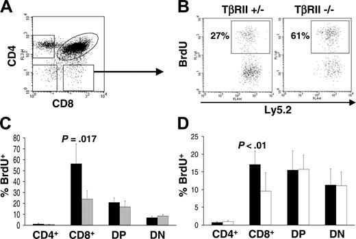 Figure 5. Flow cytometric analysis of thymocyte proliferation in vivo. (A) The populations analyzed by anti-BrdU staining are shown. The arrow indicates the CD8+ population analyzed for BrdU incorporation in panel B. (B) Noncompetitive BrdU incorporation in vivo. The dot plots show representative staining with anti-BrdU, gated for the Ly5.2+ and CD8+ populations. The values indicate the percentage of the Ly5.2+/CD8+ cells that are BrdU positive. (C) Graphic representation of noncompetitive BrdU incorporation in CD4/CD8 subsets. (▪) TβRII-/- (n = 4); and (▦) TβRII+/- controls (n = 4). (D) Graphic representation of a competitive transplantation experiment. (▪)TβRII-/- (n = 7); and (□) wild-type competitor cells (n = 7). Results are expressed as mean ± SDs.