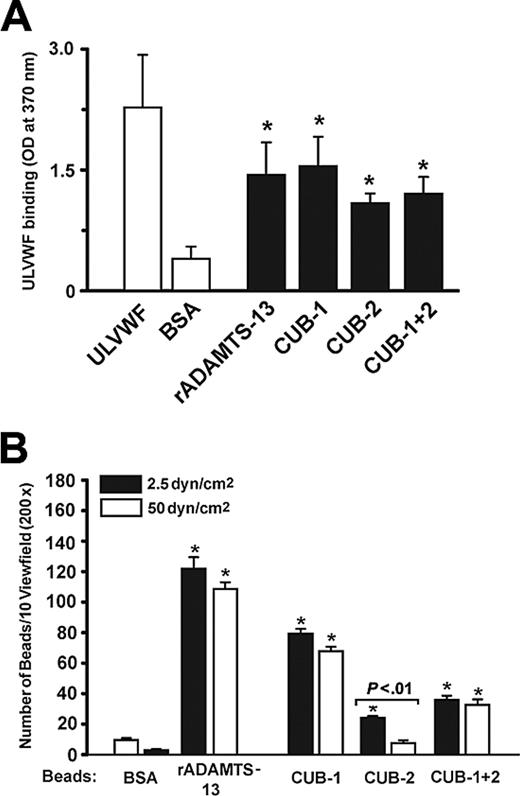 Figure 4. ULVWF binds recombinant CUB polypeptides under static and flow conditions. (A) Static assay: ULVWF was incubated with immobilized wild-type ADAMTS13 or CUB domain polypeptides for 30 minutes and bound ULVWF was detected using a polyclonal VWF antibody. The data are expressed as mean ± SEM (Student t test, n = 5, *P < .001 for each peptide compared with BSA). (B) Flow assay: Polystyrene beads coated with ADAMTS13 or CUB polypeptides were allowed to settle on immobilized ULVWF and then perfused with buffer for 2 minutes. The beads remaining adherent were counted (▪). The wall shear stress was then increased to 50 dyn/cm2 for 2 minutes perfusion and the beads that remained were again counted (□). The data are mean ± SEM of beads bound in 10 random × 400 review fields (Student t test, n = 4, *P < .001 compared with BSA beads).