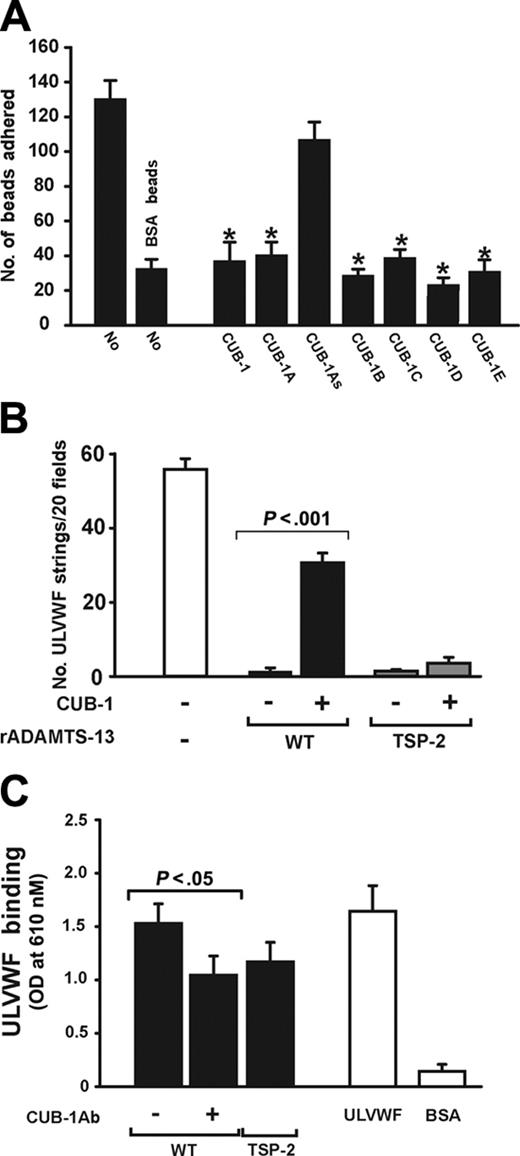 Figure 6. CUB-1 peptides blocked ADAMTS13 binding to immobilized ULVW. (A) Beads coated with ADAMTS13 were perfused over immobilized ULVWF in the presence or absence of recombinant CUB-1 polypeptide (CUB-1, 100 nM) or synthetic peptides (CUB-1A-E, 200 μM). ADAMTS13 beads adhered to immobilized ULVWF and the adhesion was blocked by the recombinant CUB-1 polypeptide and CUB-1A-E peptides, but not by the CUB-1As polypeptide (Student t test, n = 4, *P < .01 compared with untreated ADAMTS13 beads). (B) Washed platelets were perfused over histamine-activated HUVECs in the presence of either wild-type ADAMTS13 or the truncation mutant TSP-2. The numbers of strings detected after 2 minutes of perfusion were counted. CUB-1 polypeptide partially blocked the cleavage of ULVWF by wild-type ADAMTS13 as demonstrated by the increased numbers of ULVWF strings, but not by the TSP-2 truncation mutant (Student t test, n = 4). (C) Binding of ULVWF to wild-type ADAMTS13 or TSP-2 mutant was measured by ELISA. ULVWF bound wild-type ADAMTS13 and TSP-2 mutant. The binding to wild-type ADAMTS13 can be partially blocked by an anti-ADAMTS13 antibody (10 μg/mL) generated using as an immunogen a synthetic peptide from the CUB-1 domain (Student t test, n = 7). All data are expressed as mean ± SEM.