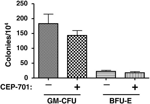 Figure 5. CEP-701 treatment does not significantly affect hematopoietic progenitors from engrafted NOD-SCID mice. Two groups of mice were injected with 6 × 106 CD34+ cells obtained from the mobilized peripheral blood of a normal donor. One group of mice was treated with CEP-701 (20 mg/kg, subcutaneously twice daily for 5 days out of every 4 weeks), the other with vehicle only. After 14 weeks, bone marrow cells were harvested from the mice and assayed for progenitor cells. Each column on the graph represents the average number of colonies obtained from 5 individual marrows. Error bars represent SD.