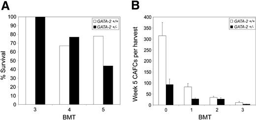 Figure 6. Bone marrow stem-cells from GATA-2+/+ and GATA-2+/– animals display similar self-renewal potential. Two million bone marrow nucleated cells from male mice of each genotype were injected into female wild-type recipient mice that had been subjected to lethal whole body irradiation. Recipient mice were monitored daily for survival for 2 months. Y-chromosome PCR was used to assess donor contribution in transplantations (data not shown). Irradiated mice injected with PBS alone died within 10 to 14 days of irradiation (data not shown). After 2 months, marrow suspensions were prepared and 2 million nucleated cells were injected into new female irradiated animals. Another 3 transplantations were performed sequentially at 2-month intervals. For each serial transplantation, 10 recipients were injected with each genotypic group. The cumulative survival from the tertiary transplantation onwards is displayed (A). Limiting dilution long-term culture was performed on donor cells prior to transplantation (BMT 0) and after each cycle of transplantation (B) (n = 3 for each transplant, P > .05 for each transplantation cycle). The BMT 0 sample was prepared by pooling cells from the 3 donor mice that initially underwent transplantation. Error bars depict the standard error of the mean. Statistical analysis was performed using the Student t test.
