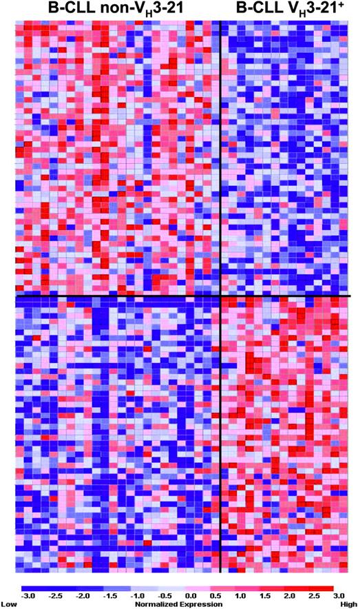 Figure 1. Results from a marker gene analysis, where the 50 genes that correlated best with either VH3-21 or non-VH3-21 usage were identified. The expression matrix depicts the gene expression values of the individual samples, with columns representing individual samples and rows representing individual genes. Genes are ranked in a “best-correlated” order. The color scale identifies relative gene expression changes normalized by the SD of 1, with 0 representing the mean expression level of a given gene across the panel. Gene lists are included as Table S1 in the Supplemental Materials.