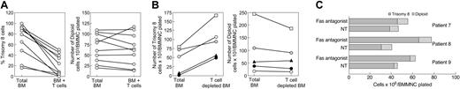 Figure 3. Autologous lymphocytes decrease the proportion of BM trisomy B cells while Fas antagonist increases their growth. Fas agonist increases the proportion of trisomy 8 cells in short-term culture. BMMCs were obtained from 10 patients with trisomy 8, 4 patients with monosomy 7, and 4 healthy controls. Samples were divided into 2 aliquots, one of which was incubated with autologous PBLs for 4 hours, as described in “Patients, materials, and methods.” Samples were subsequently depleted of lymphocytes and placed in semisolid media with growth factors for short-term culture. Colonies were counted, and FISH was performed. The number of trisomy 8 cells and the percentage of trisomy 8 cells were decreased by lymphocyte cocultivation, with little effect seen in diploid cells (A). When one aliquot was depleted of T cells using CD3-specific magnetic beads before short-term culture and compared with the non–T cell–depleted sample, T-cell cultures consistently showed increased trisomy 8 progenitor–derived cell growth (B, left). T-cell depletion had little effect on the growth of cytogenetically normal cells (B, right). When samples of BM were plated in long-term culture with autologous lymphocytes, with and without Fas antagonist (ZB4 mAb), trisomy 8 cells increased compared to karyotypically normal cells (C).
