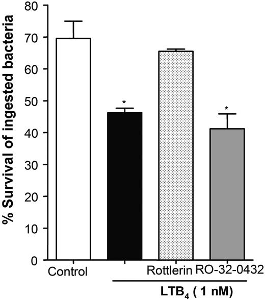 Figure 6. Role of PKC-δ and -α in LTB4 enhancing AM killing of opsonized K pneumoniae. Rat AMs were pretreated with vehicle control, the PKC-δ inhibitor rottlerin (6 μM), or the PKC-α inhibitor RO32-0432 (1 nM) for 20 minutes before the addition of opsonized K pneumoniae. Thirty minutes after infection, drugs were added back with or without 1 nM LTB4, as described above. Microbicidal activity was assessed; data are expressed as mean ± SE. Percentage of survival of ingested bacteria of quadruplicate values from 1 of 4 representative experiments. *P < .05 compared with untreated control; ANOVA.