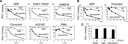 Figure 2. Inhibition of αIIbβ3 activation by Sema3A. (A) Washed platelets preincubated with the indicated concentrations of Sema3A/Fc (♦ and bold lines) or hIgG (▪ and thin lines) were activated with ADP (5 μM), PAR1-TRAP (15 μM), U46619 (2 μM), convulxin (5 ng/mL), A23187 (2.5 μM), or PMA (200 nM). Activated αIIbβ3 was detected by binding of FITC–PAC-1. Shown are representative results of 3 to 5 independent experiments. (B) Washed platelets were preincubated with Sema3A/AP (♦ and bold lines) or AP (▪ and thin lines) and activated by ADP (5 μM) or thrombin (0.5 U/mL), and then FITC–PAC-1 binding was detected. Shown are representative results of 3 independent experiments. (C) PBS-, hIgG-, or Sema3A/Fc-treated platelets were incubated with or without an αIIbβ3-activating antibody, PT25-2, and PAC1 binding was examined. Shown are representative results of 3 independent experiments.