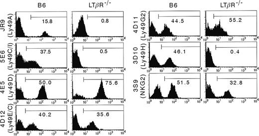 Figure 1. Distinct Ly49 and CD94/NKG2 cell surface expression by B6 versus LTβR–/– NK cells. Splenocytes were isolated from B6 and LTβR–/– mice and were stained with mAbs for DX5, CD122, CD3 and for the indicated Ly49 receptors and CD94/NKG2. Analysis was performed on DX5+CD122+CD3– gated splenocytes. The results are presented as the percentage of positive cells in the region indicated by the horizontal bar, and are representative for 4 experiments.