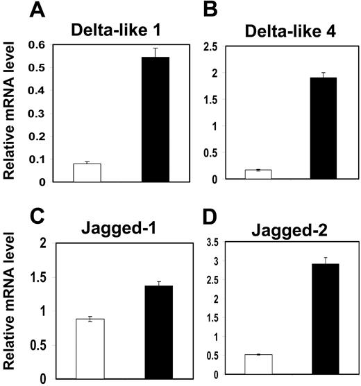 Figure 5. Compartmentalization of Notch ligand expression in the E12 thymus. PDGFRα+ mesenchyme (□) and EpCAM1+ epithelial cells (▪) were obtained from E12 thymus and analyzed for expression of Notch ligands by RT-PCR (A-D). Note that in comparison to thymic epithelial cells, with the possible exception of Jagged-1 (C), thymic mesenchymal cells do not express appreciable levels of the Notch ligands analyzed. Data shown are representative of 3 separate experiments and are expressed as mean ± SEM.