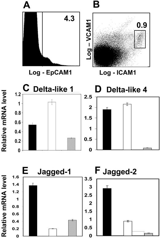 Figure 7. VCAM-1+ICAM-1+ stromal cells provide Notch ligands within the fetal liver. CD45– stromal cells from E12 fetal liver were subdivided into subsets on the basis of expression of EpCAM1, ICAM-1, and VCAM-1. (A) EpCAM1 expression in CD45–ICAM-1–VCAM-1– cells; (B) ICAM-1 and VCAM-1 expression in CD45–EpCAM1– cells. Percentages shown are of the CD45– population. Such populations were sorted by MoFlo and analyzed for expression of Notch ligands by PCR (C-F). Note that expression of DL1 and DL4 by ICAM-1+VCAM-1+ fetal liver stromal cells (□) is similar to that of thymic epithelial cells (▪). ▦ indicates CD45–VCAM1–ICAM1–EpCAM1+ fetal liver cells. Similar data were produced from 3 separate experiments, and are expressed as mean ± SEM.