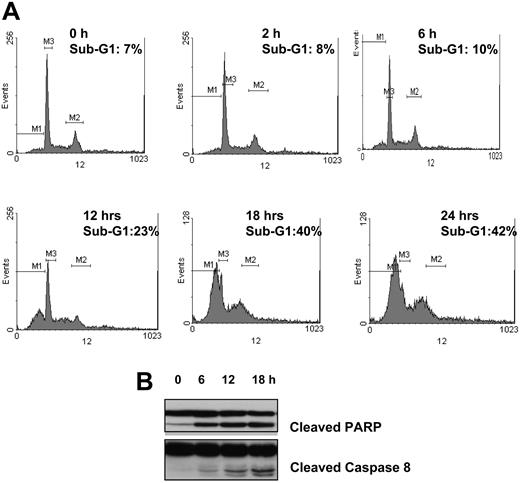 Figure 2. Seliciclib treatment induces apoptosis of MM cells in a time- and dose-dependent manner. Cell-cycle analysis by PI staining was performed on MM1.S cells cultured with media alone or seliciclib (25 μM) for the specified time points. Seliciclib resulted in an increase in sub-G1 fraction as early as 12 hours, with 42% of the cells in sub-G1 phase at 24 hours (A). This was associated with an increase in PARP and caspase 8 cleavage (B). M1 indicates sub-G1 gate; M2, G2M gate; and M3, G1 gate.