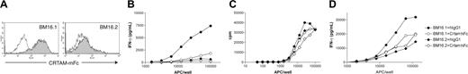 Figure 5. Necl-2–CRTAM interaction leads to strong IFN-γ secretion by CD8+ T cells. (A) BM16 cells were sorted into the BM16.1 and BM16.2 cell lines expressing high levels and very low levels of CRTAM ligand, respectively (open histograms are control; shaded histograms are CRTAM-hFc labeling). Necl-2 expression in BM16.1 was confirmed by immunoblot with a rabbit anti–Necl-2 antiserum (data not shown). (B-D) BM16.1 and BM16.2 were separately used to stimulate the MLR-TF74 alloreactive T-cell clone (B-C), and Mart1-specific HLA-A0201–restricted CD8+ T cells (D). INF-γ secretion was measured after 48 hours (B) or 20 hours (D) of stimulation in cell culture supernatants. Proliferation (C) was measured by a standard 3H-thymidine incorporation assay after 72 hours of stimulation. Graded numbers of BM16 were used (B-C) to generate a dose-response curve of antigen (APC, antigen-presenting cell). Serial dilutions of the MART-1 26-35 peptide were used (D) to pulse BM16 cells. Experiments were performed in the presence of CRTAM-hFc to specifically block CRTAM–Necl-2 interaction or hIgG1 as control. One of 3 representative experiments is shown.