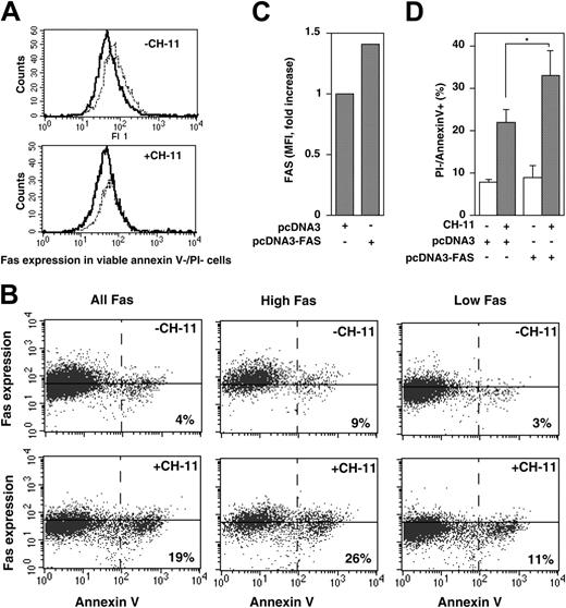 Figure 6. U-266-1970 cells expressing high levels of Fas are more sensitive to Fas-mediated apoptosis. (A) FACS analysis of Fas expression in living cells. U-266-1970 cells were preincubated with IL-6 (20 U/mL) alone (solid line) or in combination with IFN-γ (1000 U/mL; dotted line) for 96 hours as indicated, followed by a 24-hour incubation with agonistic anti-Fas antibody CH-11 or isotype-specific control IgM. The level of Fas expression in annexin V-/PI- cells was analyzed in 4 independent experiments using flow cytometry. One representative analysis is shown. (B) Analysis of Fas-mediated apoptosis in cells sorted according to Fas expression. U-266-1970 cells expressing high or low levels of Fas were separated using FACS and allowed to recover for 4 days. The sorted cells were incubated for 24 hours with agonistic anti-Fas antibody CH-11 or isotype-specific control IgM. The graph shows Fas-expression and annexin V expression in PI- cells, evaluated by flow cytometry as described. The horizontal line indicates the MFI of the total population of U-266-1970 cells prior to CH-11 stimulation. Four experiments were performed. The percentage of Fas+ cells from one representative experiment is shown. (C) Expression of Fas in transfected cells. U-266-1970 cells were cotransfected with EGFP and either empty pcDNA3 vector or a vector encoding CD95 (pcDNA-FAS), allowed to recover for 24 hours, and then subjected to FACS analysis of Fas expression as described in “Patients, materials, and methods.” The diagram shows the relative expression of Fas in EGFP+, transfected cells as fold induction of MFI. (D) Fas-mediated apoptosis in transfected cells. At 24 hours after transfection, cells were stimulated with agonistic anti-Fas antibody CH-11 or isotype-specific control IgM for 24 hours. The proportion of annexin V+/PI- cells was determined by flow cytometry as described in “Patients, materials, and methods.” The graph shows the percentage of apoptotic cells. Mean values ± SD (n = 3). The asterisk indicates significant differences to the corresponding control values (P < .05).