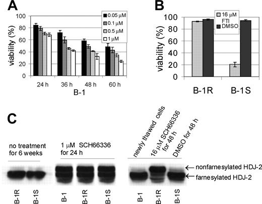 Figure 1. Stable drug-resistant phenotype of B-1R cells is not caused by inactivation of the FT. (A) B-1 cells were treated with SCH66336 as indicated. Viability is expressed as the percentage of trypan blue-excluding cells of the total number of cells present. The error bars indicate the standard deviation. (B) B-1R or B-1S cells were cultured for 6 weeks without SCH66336, then treated de novo with 16 μM SCH66336 or with vehicle DMSO for 48 hours and viability was determined. One of 2 experiments with similar results is shown. The error bars in panels A and B indicate standard deviation. (C) Western blot analysis with an anti-HDJ-2 antibody, diagnostic for FT activity. B-1R or B-1S cells not treated with SCH66336 show only the farnesylated form of HDJ-2 (left), indicating that the FT is active. After 24 hours of treatment with 1 μM SCH66336, the original B-1 cells, the FTI-resistant B-1R cells, and the drug-sensitive B-1S cells all exhibit the appearance of the more slowly migrating, nonfarnesylated HDJ-2 protein (middle), showing that all 3 contain an FT that is inhibited by the FTI. Treatment of B-1R cells with 16 μM SCH66336 (right) caused the appearance of very large amounts of nonfarnesylated HDJ-2 protein.