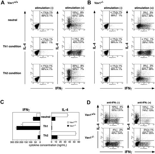 Figure 1. Effector Th cell development in the absence of Vav1. Naive CD4+ T cells from wild-type and Vav1–/– mice were primed by stimulation with anti-CD3/CD28– coated tissue culture plates under Th1, Th2, or neutral conditions. After 7 days, the cells were washed, counted, and restimulated with plate-bound anti-CD3/CD28 antibodies. (A-B) Cytokine-producing cells were enumerated by ICCS after 8 hours of stimulation. (C) Levels of IFN-γ or IL-4 in 48-hour stimulated culture supernatants were quantified by ELISA. The data shown are representative of 5 independent experiments. Data are expressed as the mean value of triplicate determinations ± standard error (SE). (D) T cells primed under Th2-inducing conditions in the absence or presence of a neutralizing anti–IFN-γ antibody were restimulated in anti-CD3/CD28 antibodies– coated tissue culture plates, and IL-4+ versus IFN-γ+ cells were enumerated by ICCS.