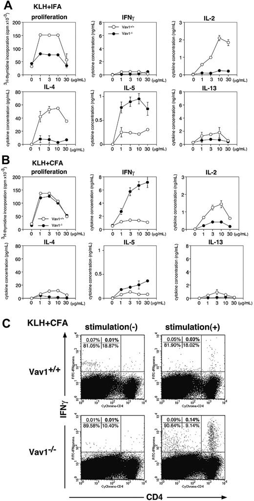 Figure 6. In vivo Th development in Vav1–/– mice. (A-B) Groups of 3 wild-type mice (○) or 3 Vav1–/– mice (•) were primed subcutaneously with 100 μg KLH given either in IFA (A) or in CFA (B). On day 10, the draining periaortic and inguinal lymph node cells were stimulated in vitro with the indicated KLH concentrations in triplicate. Proliferation and cytokine production were determined as in Figure 2. All data are expressed as the mean value of triplicate determinations ± SE. (C) Spleen cells from mice immunized as in panel B were stimulated with 1 μg/mL KLH, and IFN-γ– producing cells were enumerated by ICCS 16 hours later. The data shown are representative of 3 independent experiments.