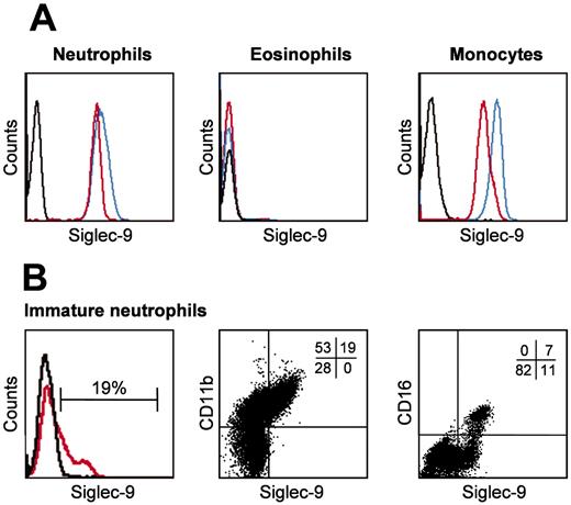 Figure 1. Neutrophils but not eosinophils express Siglec-9. Freshly isolated mature blood and immature bone marrow neutrophils, as well as blood monocytes and eosinophils, were analyzed by flow cytometry. (A) Neutrophils and monocytes, but not eosinophils, demonstrated evidence for Siglec-9 expression (red). A significant proportion of monocytic Siglec-9 was additionally detectable after sialidase treatment (blue). (B) A subpopulation of the bone marrow neutrophils was Siglec-9 positive (red). Two-color immunofluorescence analysis demonstrated a correlation between CD11b and Siglec-9 expression. CD11b is a differentiation marker associated with myelocytes, metamyelocytes, and mature neutrophils. Representative examples of 4 independent experiments are shown. Staining with isotype-matched control mAb is indicated by black lines in the histograms. In panel B, middle and right subpanels, the quantitative analysis is shown by percent at the top right corner of each dot plot.