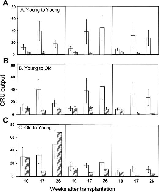 Figure 6. Differential contribution of single BM CRU to hematopoietic engraftment. Recipient mice that were repopulated with a single, fresh (□) or homed (▨) CRU were identified as described in the Figure 4 legend and in “Materials and methods.” The differential contribution of individual CRUs to engraftment was defined as the proportion of all circulating B (CD45R/B220+) or T (CD90/Thy-1.2+) lymphocytes or myeloid (Gr-1/Ly6G+ and Mac-1/CD11b+) cells that were Ly-5.2+. Values shown for the 3 combinations of variably aged donors and recipients represent the mean ± SEM of 2 pooled experiments with 3 to 6 mice per group. Note that data for the young-to-young group were collected contemporaneously with those for other groups but were, in part, reported in Szilvassy et al.23