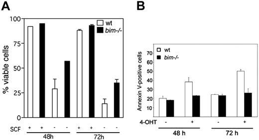 Figure 7. FOXO3(A3) induces apoptosis in wild-type but not bim–/– mast cells. (A) SCF withdrawal–induced mast cell death is reduced by loss of Bim. BMCMCs from wt or bim–/– mice were either deprived of SCF (–) or grown in SCF + IL-3 (+) for the indicated times. Cell viability was measured by propidium iodide staining and FACS analysis. (B) BMCMCs from wt or bim–/– mice were infected with a retrovirus encoding a dominant-active mutant of FOXO3(A3):ER and treated with SCF in the presence or absence of 4-OHT. The experiment was repeated 3 times. The results are presented as the percentage of apoptotic cells determined by annexin V staining of 1 representative experiment in duplicate (mean ± SEM).